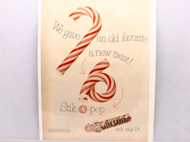 Lightsavers Stik-O-Pep 1951 Candy Ad, Twisted Candy Cane Made Into Lifesavers.