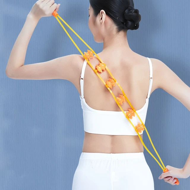 (Yellow)Back Massager Roller Rope Portable Manual Massage Strap For Back Neck