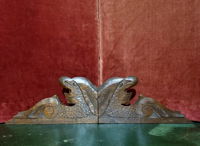 Pair scroll griffin wood carving pediment - Antique French architectural salvage