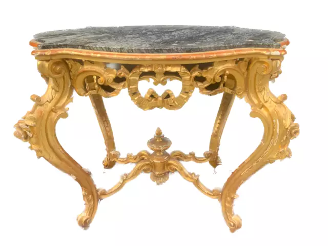 Stupendo Antico Tavolo Consolle Legno Intagliato Dorato Marmo Sagomato