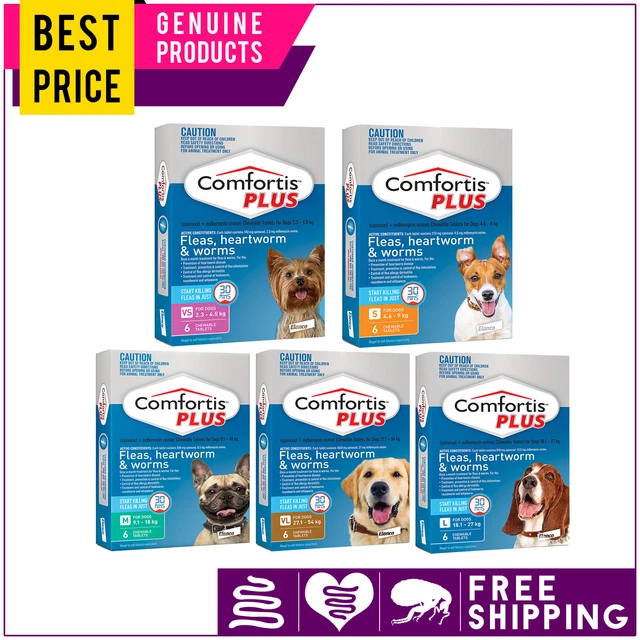 COMFORTIS PLUS for Dogs All Sizes 6 Doses Controls Flea Heartworm and Worm