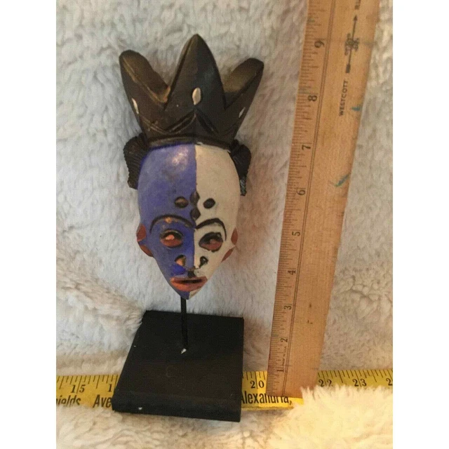 Mask Wood Half Blue Half Cream Custom South African Art 8 1/4“ Height W Stand