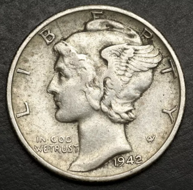 1942 - USA Mercury Dime 10 Cents Coin Silver (.900) Philadelphia - WWII - KM#140