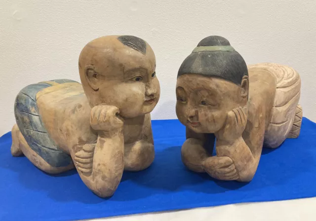 Vintage Antique Chinese Opium Wooden Carved Pillow Headrest Boy & Girl SET OF 2