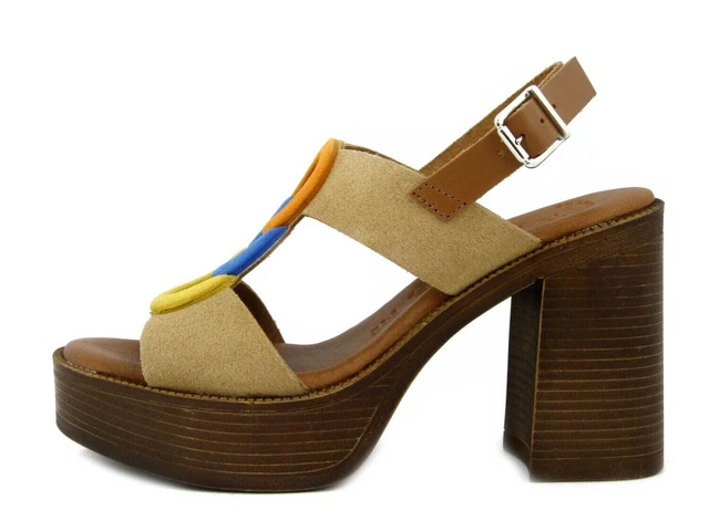 Sandales Femmes Cuir en Daim Beige Multicolore Talon Haut & Plateau RAQUEL PEREZ