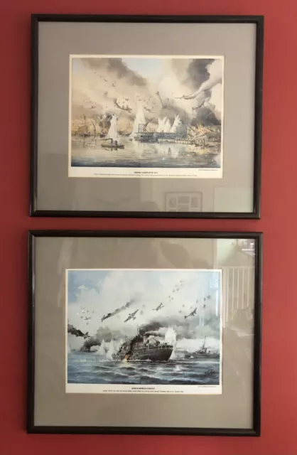 2 Rare Naval Prints WW2 HMS Illustrious & SS Ohio by Edwin Galea Matching Frames