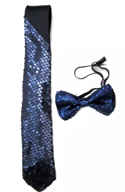 Tuxedo Navy Blue Sequin Strap Bow Tie&Matching 3" Navy Blue Sequin Necktie-New!