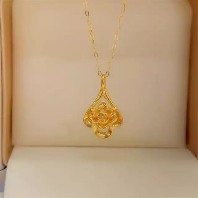 Pure 999 24K Yellow Gold Lotus Drop Pendant With 18K O Link Necklace 17.9inch