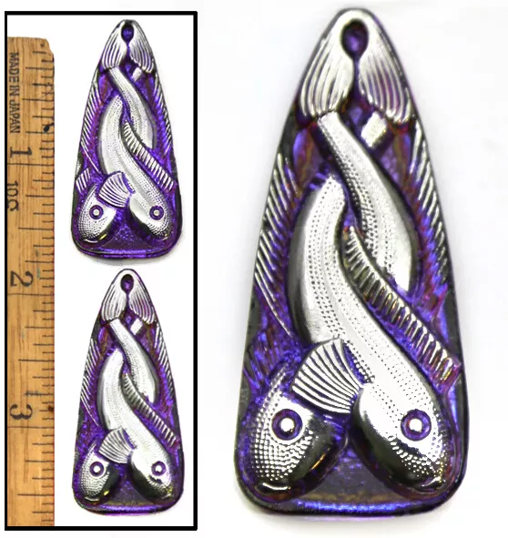 46mm Vintage Czech Glass Egyptian Revival Blue FIRE AB TRIANGLE FISH Buttons 2pc