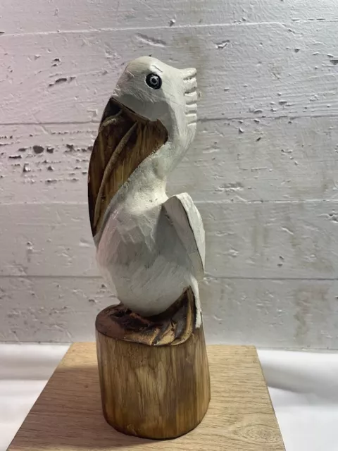 Carved Wood Pelican on a Stump White Wood Pelican Sea Bird Ocean Life Shore Bird