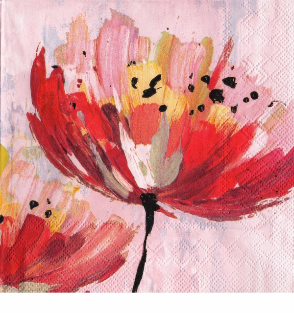3 Servietten Blumen Große gemalte rote Blume auf rosa als halbes Motiv 💙