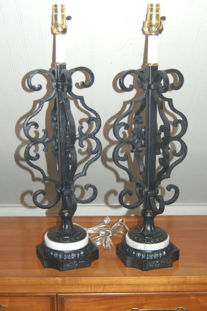 CAST IRON LAMPS One or Pair Marble Black Mediterranean Spanish Baroque Brass