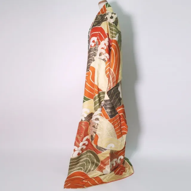 9163D5 Silk Vintage Japanese Kimono Furisode Wave Embroidery Tall