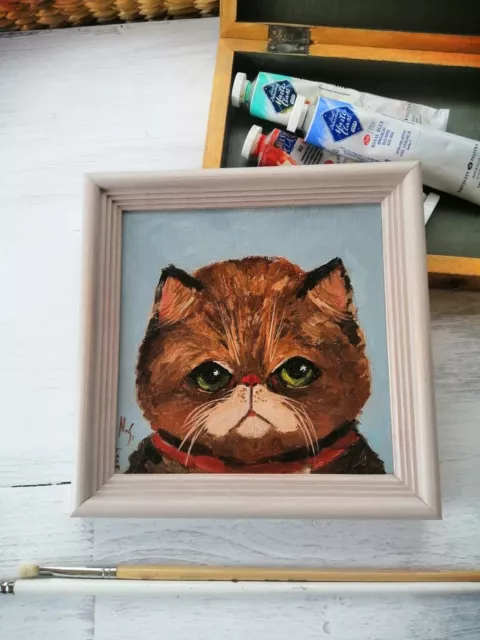 Exotic Shorthair Cat Oil Painting Original Pet Art 6x6 » Leurs amis Red Kitten