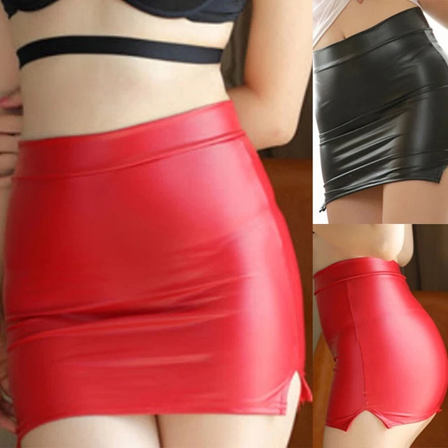 Gonna pelle poliuretano wet look stretto stretch stretch enfatizzata dalla figura tagliata minigonna