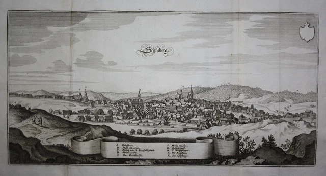 Schneeberg Monti Metalliferi Sassonia Vista View Engraving Incisione Merian 1650