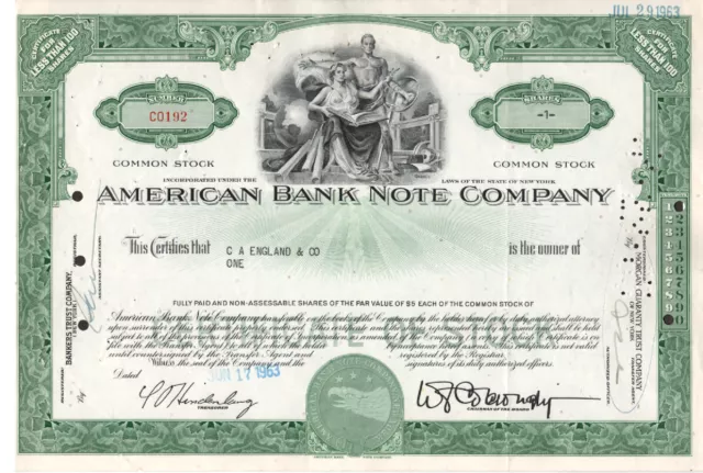 American Bank Note Company - Original Stock Certificate -1963 - C0192