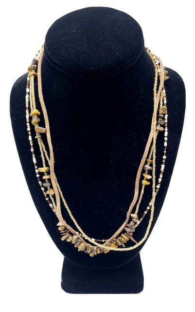 Bohemian Brown Seed Beaded Multi Strand Rocks Leather Necklace HR Stamped