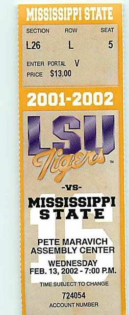 Ticket College Basketball Mississippi State 2001 - 02  2.13 - LSU Tigers