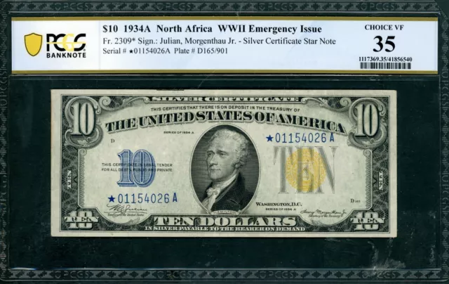1934A $10 Fr# 2309 North Africa Silver Certificate Star Note Pcgs 35 Ch Vf (125)