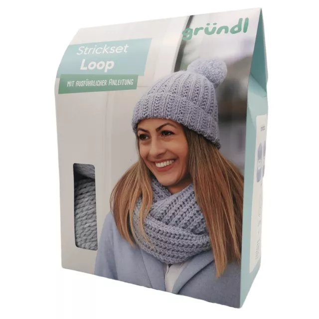 Strickset Loop blau DIY mit Anleitung + 2x Wolle + Rundstricknadeln, Bastelset