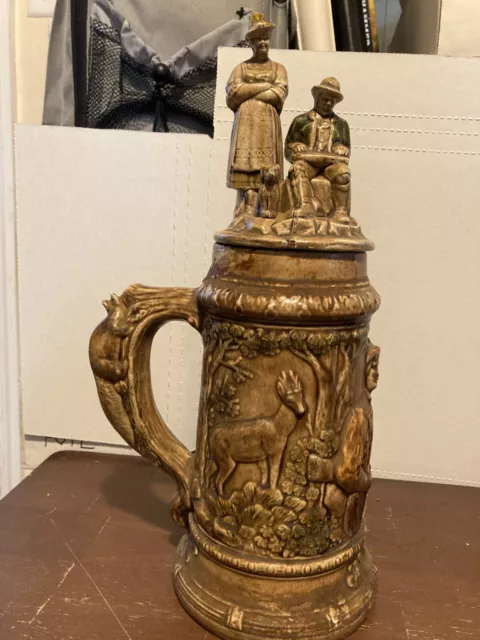 Large Beer Stein 9.5” Hunter Deer Trees Man/woman Lid Hand Crafted Ceramic