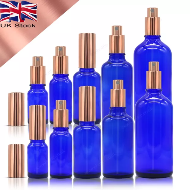 Blue Glass Bottle with Rose Gold Aluminium Mist Spray Atomiser Pump Wholesale