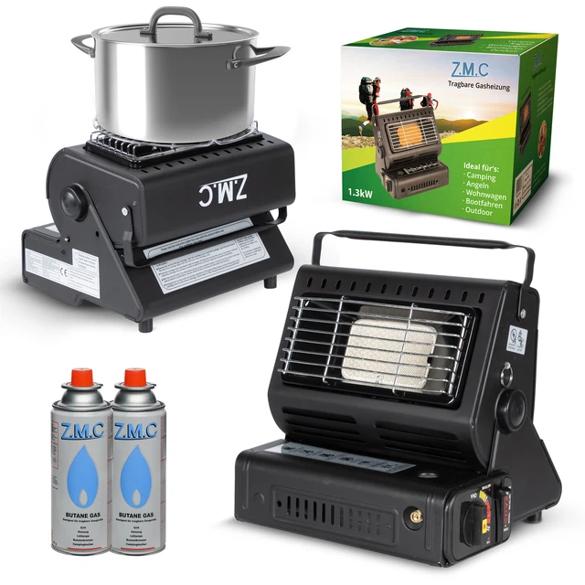 2in1 Tragbare Gasheizung 1,3KW Camping Butan Gas Kocher Keramik + Gaskartuschen