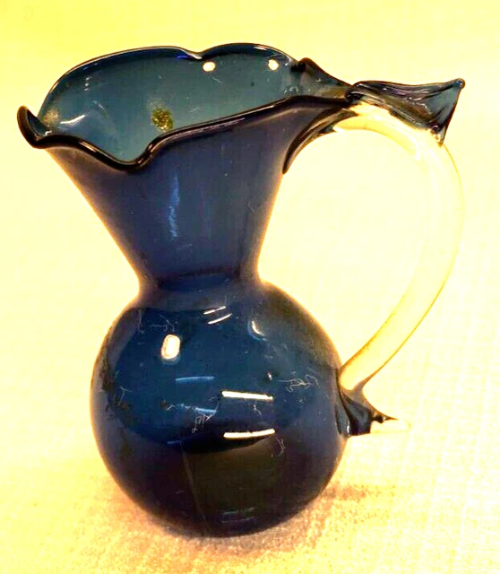Tiny Blue Glass 2" Pitcher with applied Clear Glass Handle! Unusual!