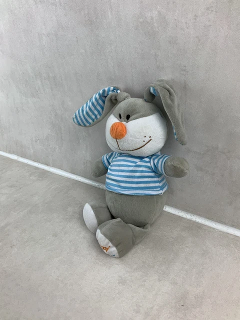 Beau doudou, peluche lapin gris rayé bleu et blanc " Lapi Choco "