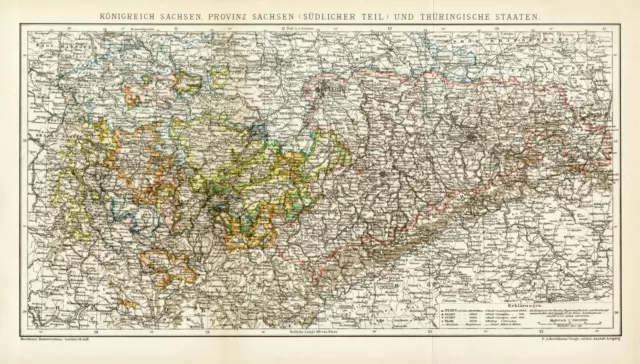 Königreich Sachsen Thüringen historische Landkarte Karte Lithographie ca. 1892