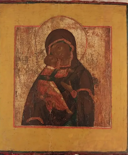 Antigüedad 18C Pintado a Mano Rusa Icono de La Vladimir Madre De Dios