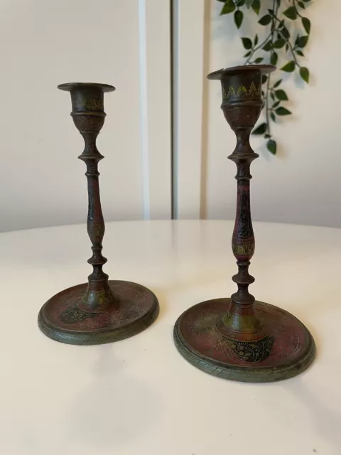 2 x Antique Hand Etched Slim Brass Candlesticks Art Nouveau Cloisonné Pair