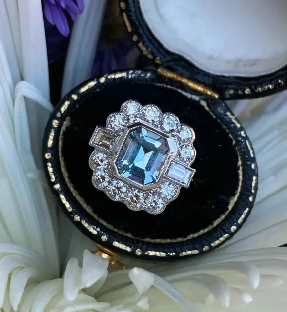 Art Deco Style 3 Ct Aquamarine Diamond Lab Created Engagement 925 Silver Ring