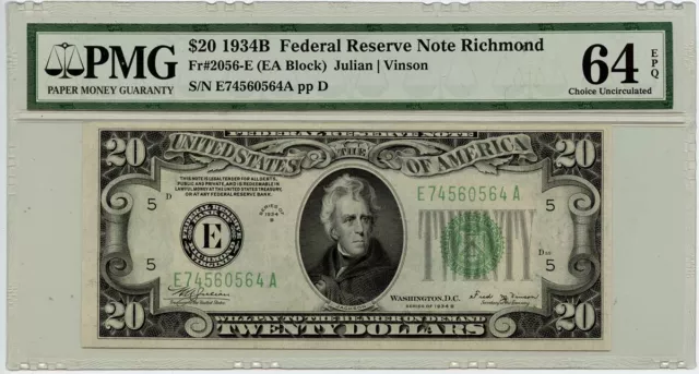 1934B $20 Federal Reserve Note Richmond FR#2056E PMG CU64 EPQ