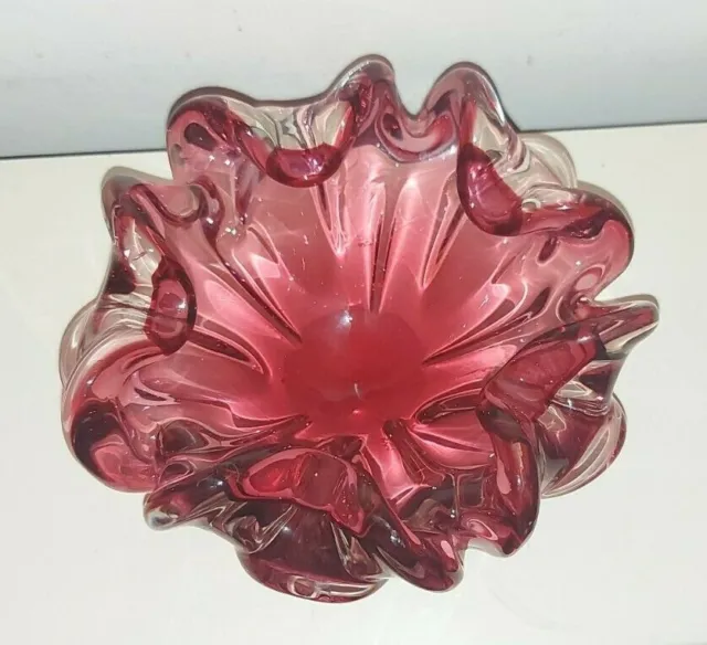 Vintage Murano Glass Bowl with folded or ruffled edge in cranberry red