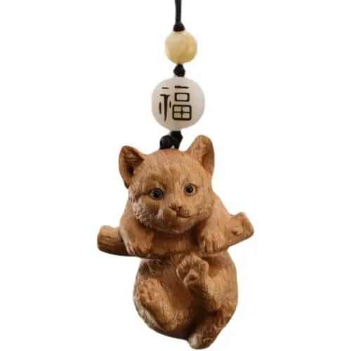 2" Hand Carved Beech Wood Netsuke - Cute Little Cat