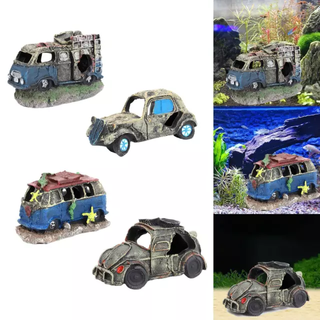 Resin Car Wreck Aquarium Decoration Fish Tank Ornament for Small Fish Prawn