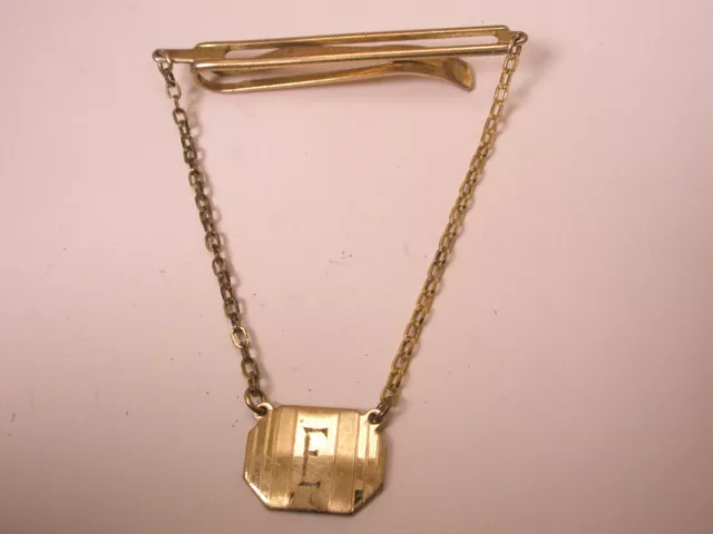 =E Engraved Monogram Initial Cable Chain Vintage KREISLER Pendant Tie Bar Clip