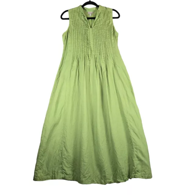 J Jill Womens Small Shift Dress Green 100% Linen Sleeveless Maxi Pintuck Pleats