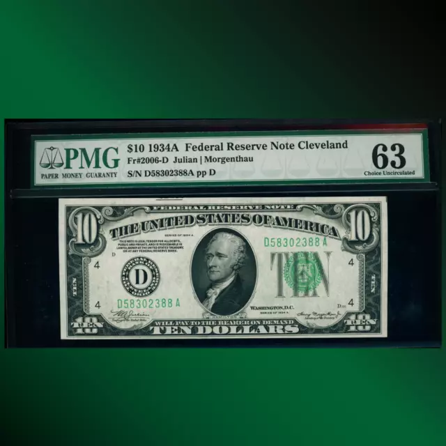 Fr.2006 1934A $10 Ten Dollars Federal Reserve Note Cleveland, PMG 63, 02388