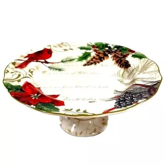 222 Fifth Holiday Wishes Cardinal Round Pedestal Cake Plate Pastry Dessert Stand