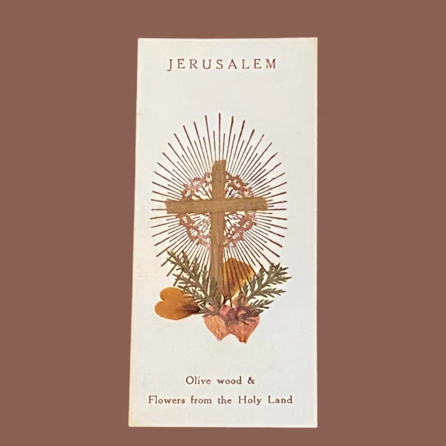 Vtg Devotional Card Bookmark Jerusalem Olive Wood & Flowers From The Holy Land