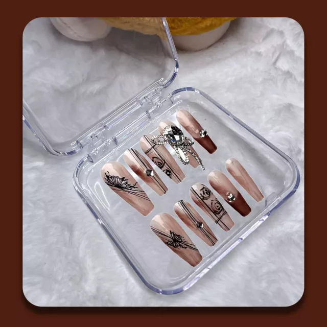 Hecho a mano Flores de Uñas Falsas Ataúd Prensa sobre Uñas para Decoración de Arte en Uñas 10 PIEZAS