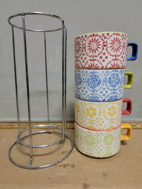 Pier 1 Imports Stackable Set Of 4 Coffee Mugs & Holder Floral Hand Painted Used
