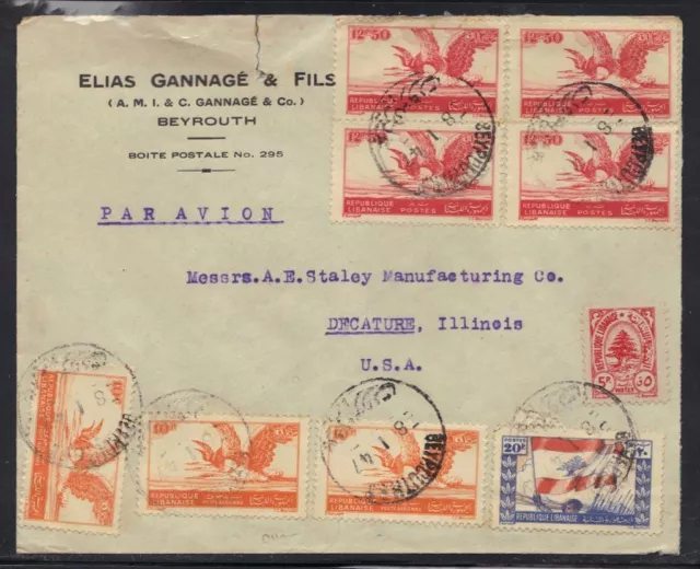 Líbano 1947 Correo Aéreo Cubierta "Beyrouth" A Ee. Uu. Franqueado Bloque De 4 Sg