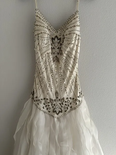 SUE WONG Nocturne, Ivory Embroidered Sequin Beaded Gown, Dress 1920’s Style Sz 8