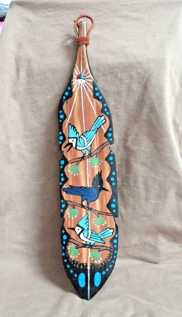 ZUNI CEDAR WOOD Feather Painting w/ Bird Trio by Stephen