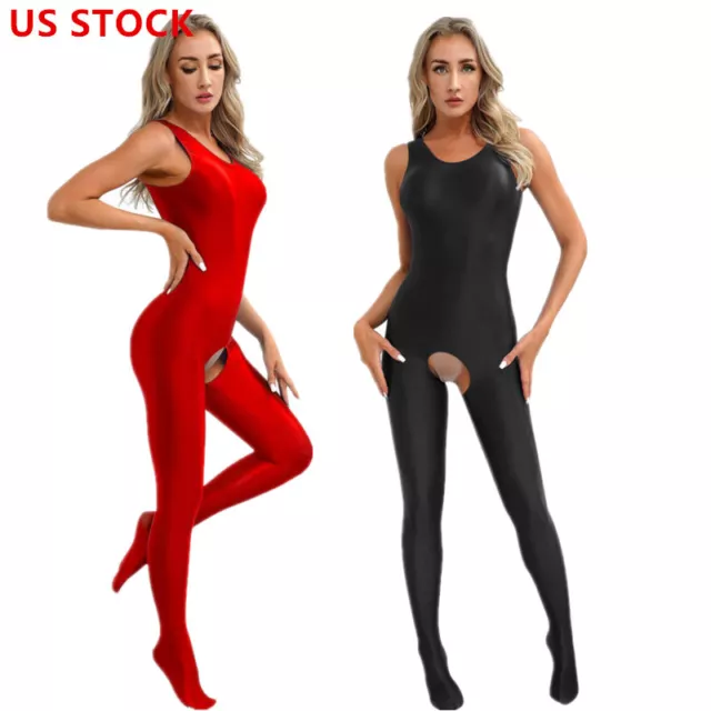 US Women's Glossy Jumpsuit Open Crotch Bodysuit Sleeveless Yoga Sport Activewear