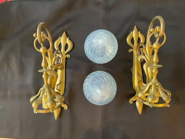 PAIR Antique Brass Art Nouveau Arts Crafts Wall Sconce Sconces With Globes